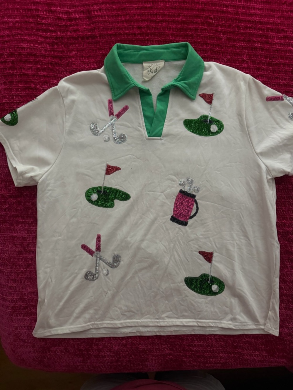 Women’s Large White Golf Embroidered Polo Shirt with Green Collar